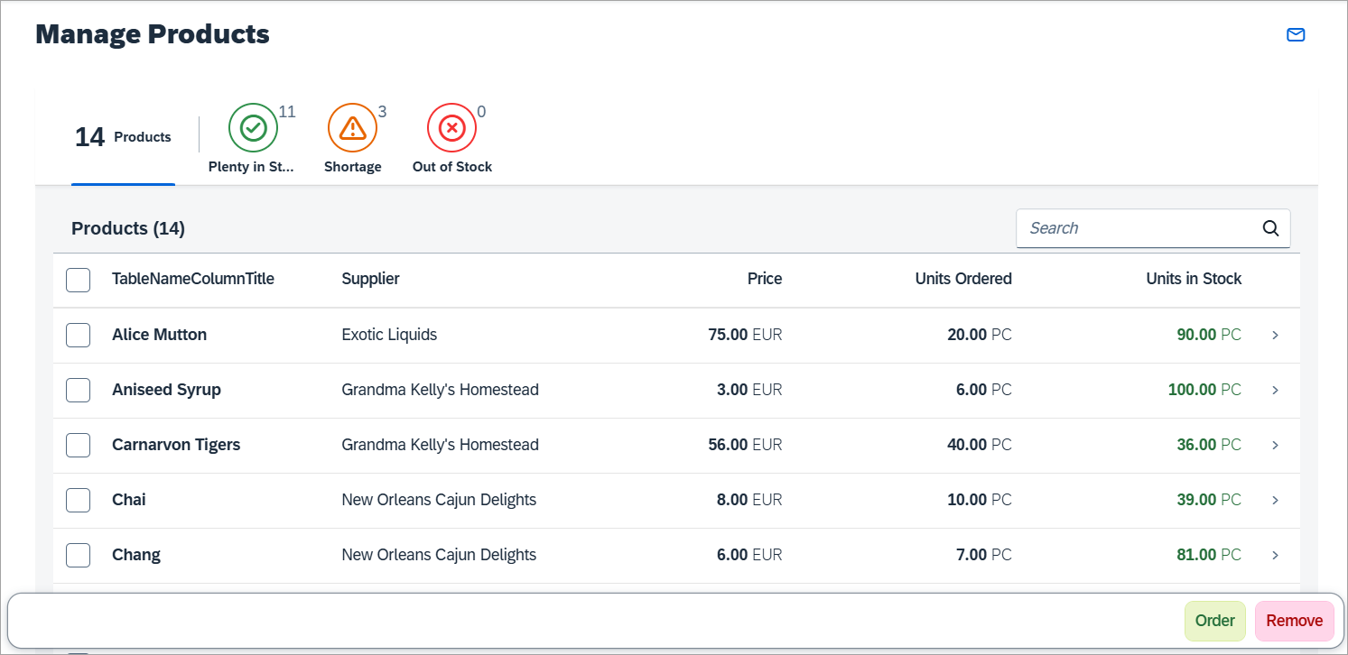 Start page of the app with list of products and actions