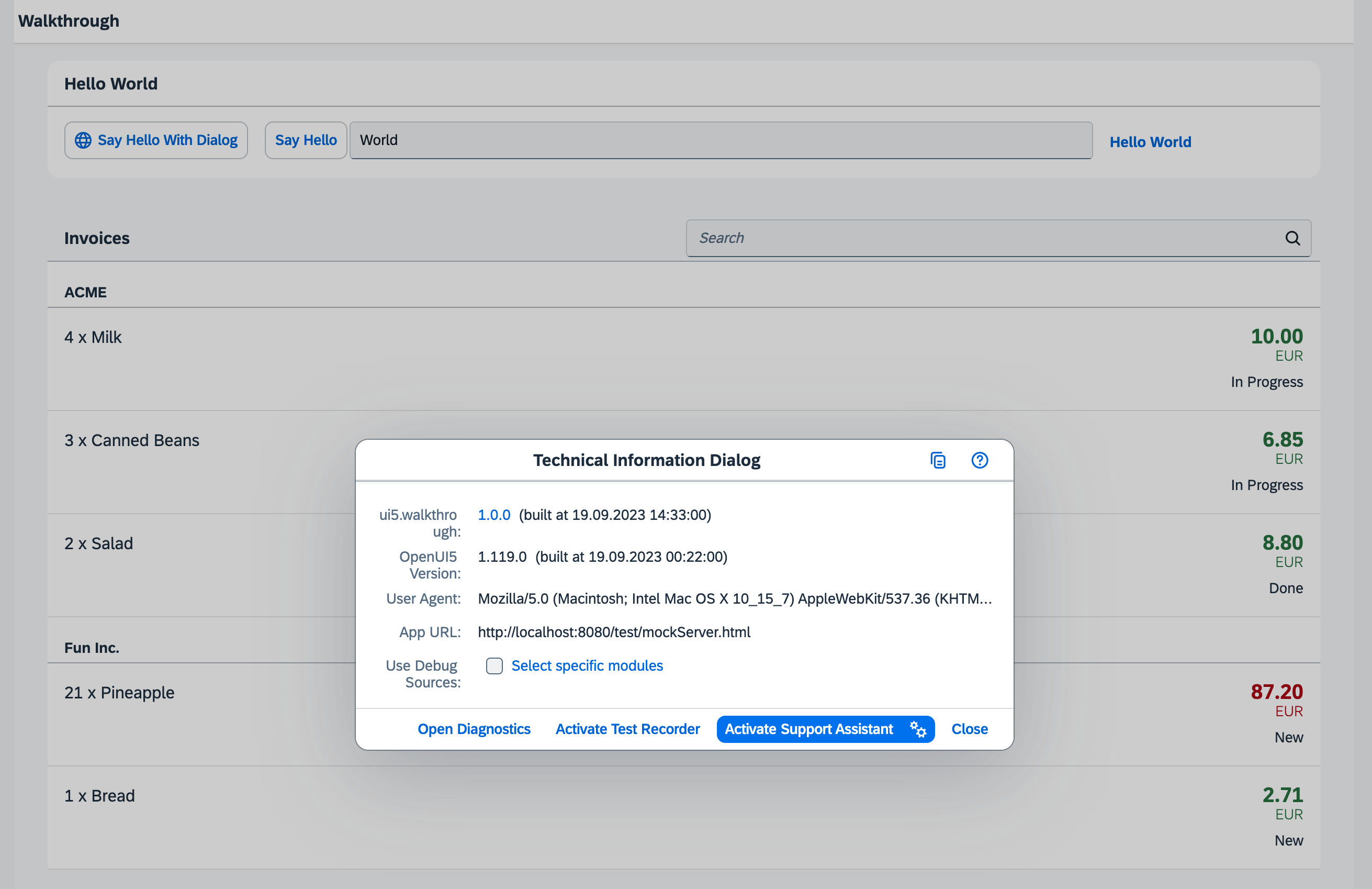 Displays general information about the application, UI5,, and user browser