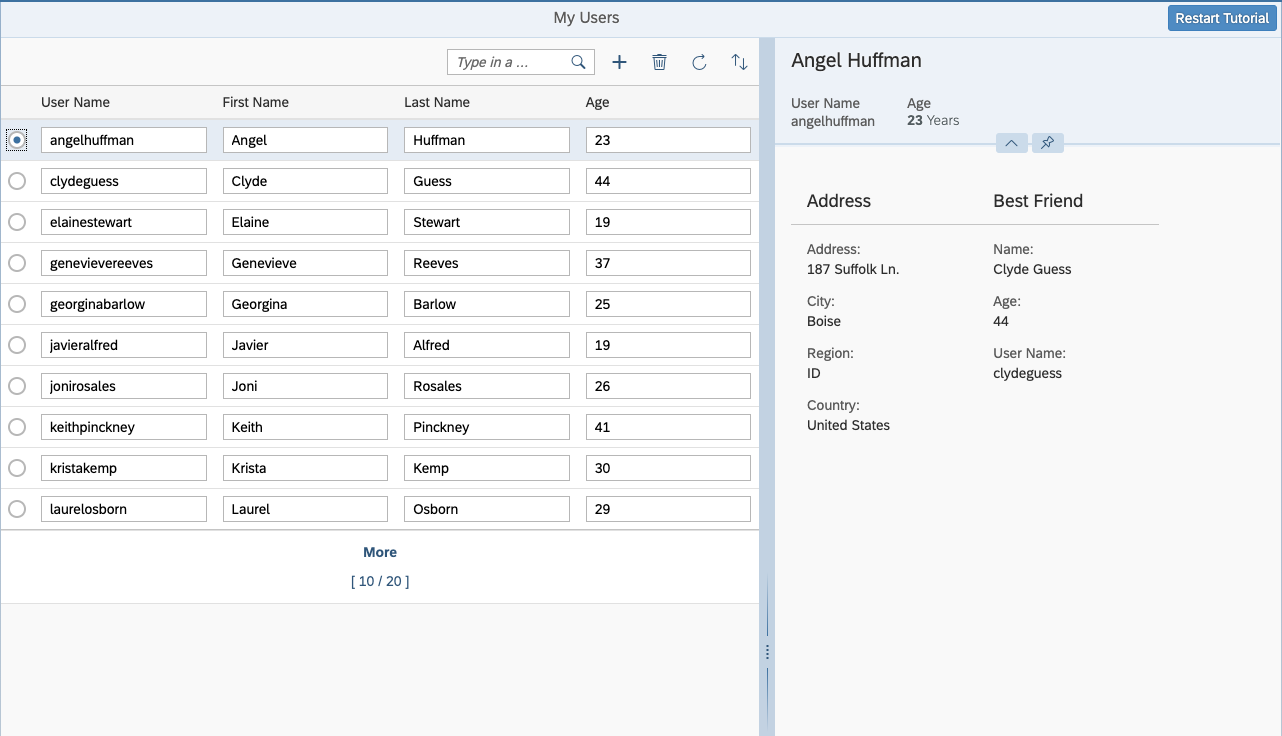 A list of users with an added detail area