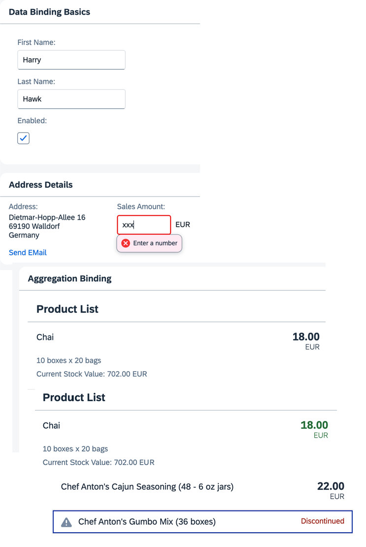 Preview of three panels of the UI5 application that is going to be built in this tutorial. Contains three panels with name input fields, address details, and a product list.