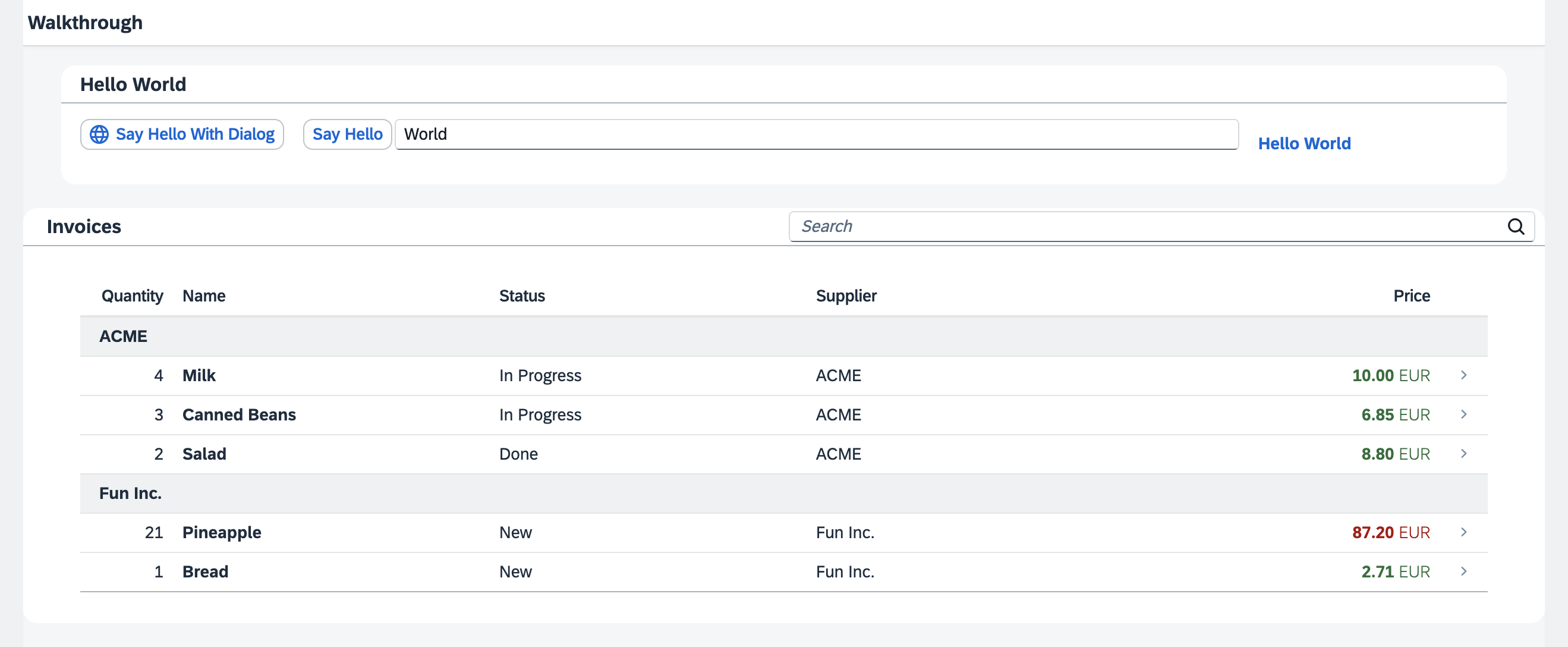 Preview of the UI5 application that is going to be built in this tutorial. Contains a Hello World header with buttons and a text input field. The lower part shows a list of invoices with details, grouped by vendor names.