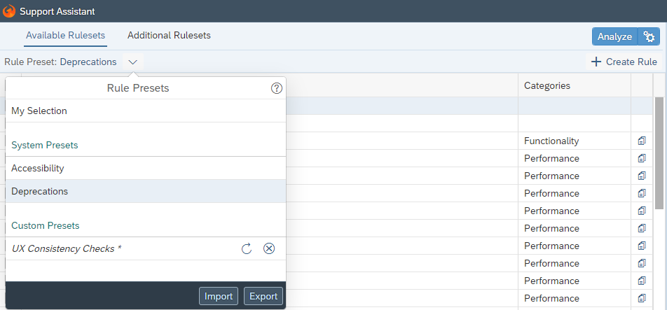 Support Assistant - Available Rulesets tab