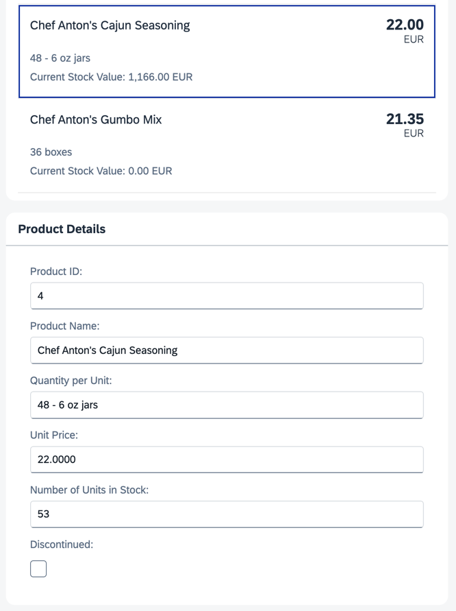 A fourth panel with details for a selected product is displayed A fourth panel with details for a selected product is displayed