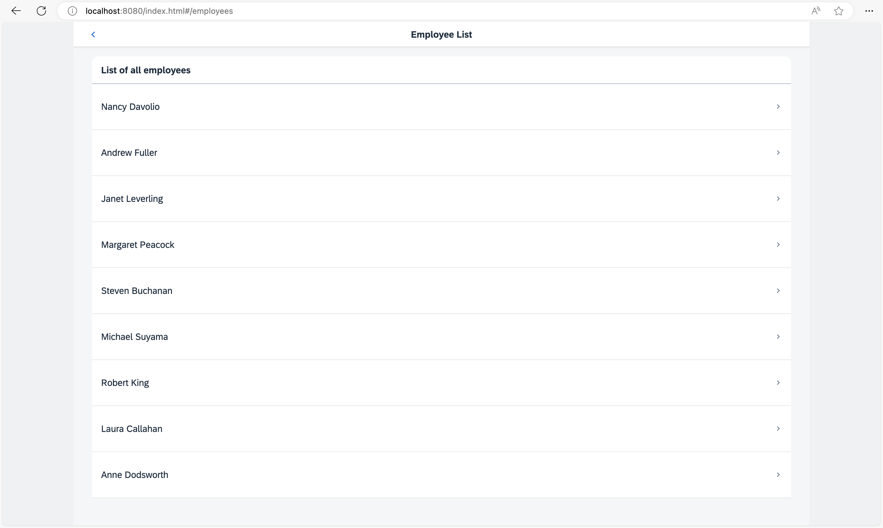 Employee list with navigation option for items Employee list with navigation option for items