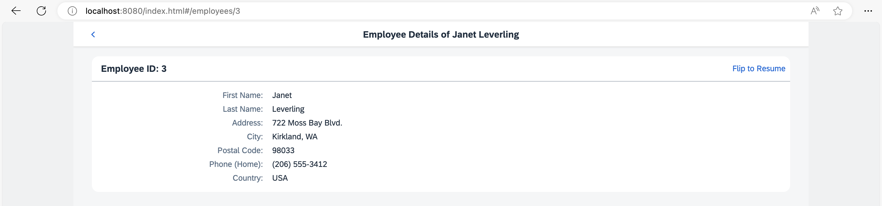 Employee Details page with Flip to Resume link Employee Details page with Flip to Resume link
