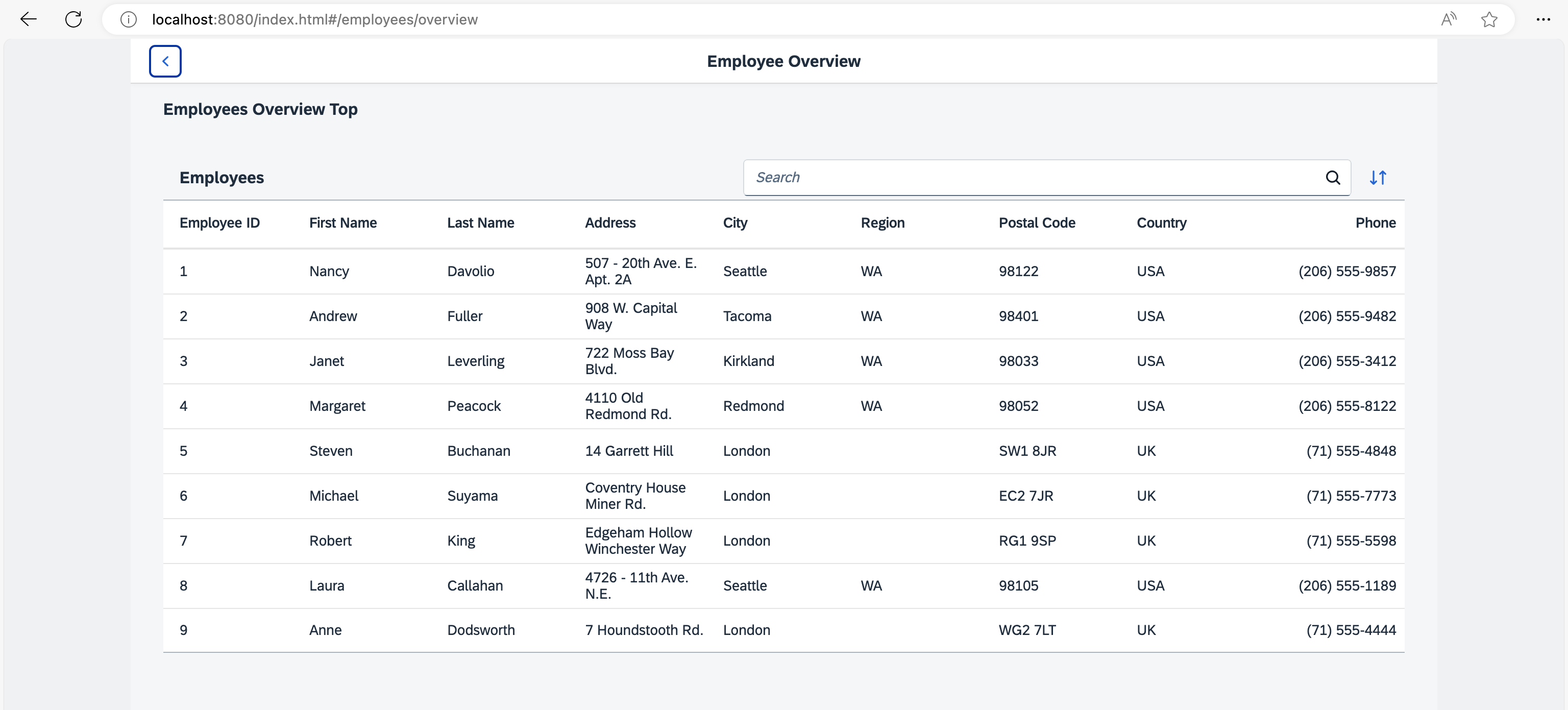 Employee Overview with search field Employee Overview with search field