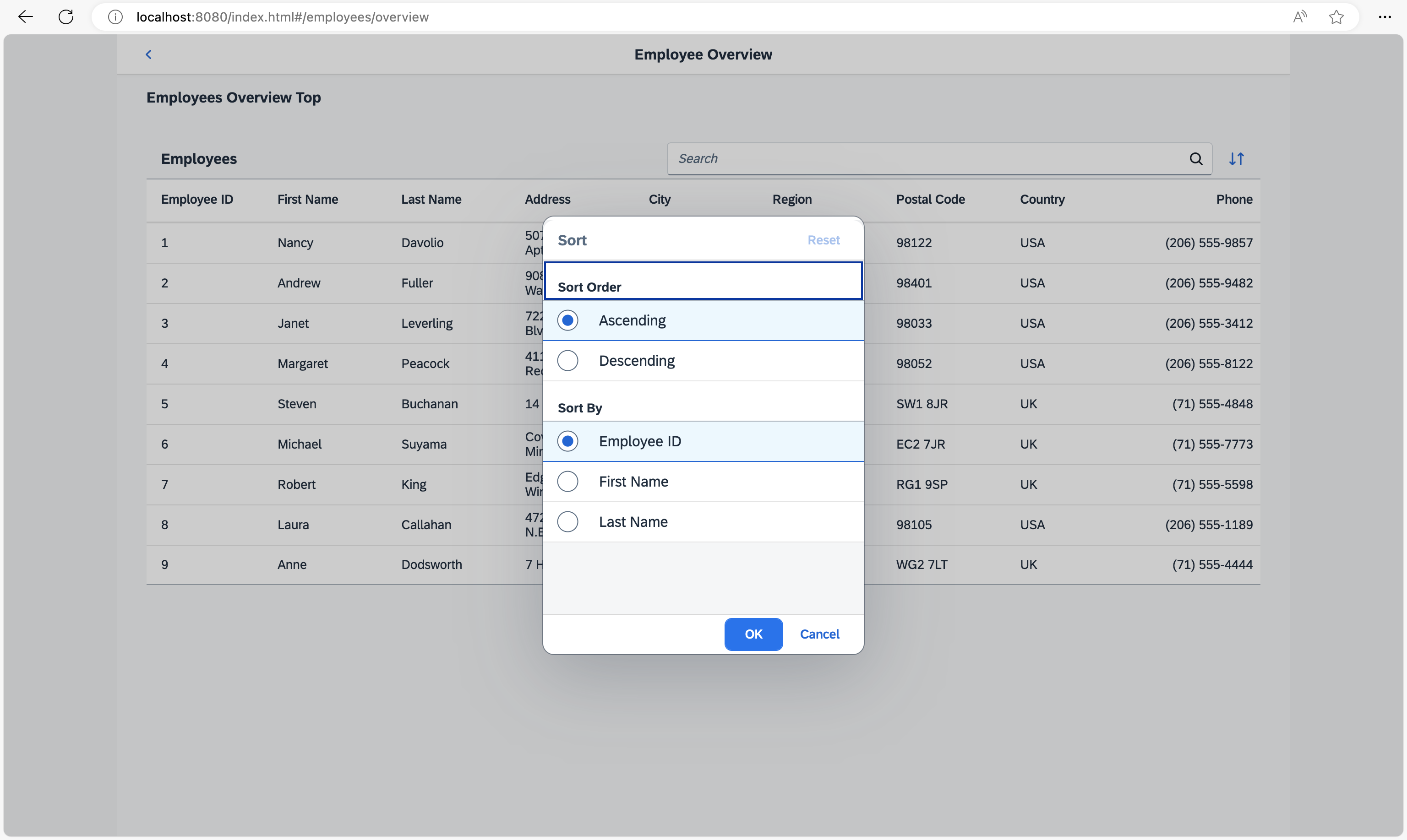 Sort options for the Employee Overview Sort options for the Employee Overview