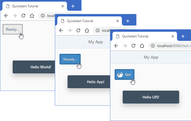 The OpenUI5 application that is going to be built in this tutorial Three cascading browser windows show the three steps of the Quickstart tutorial: a "Ready..." button with a "Hello World!" message, a "Steady..." button with a "Hello App!" message, and a "Go!" button with a "Hello UI5!" message.
