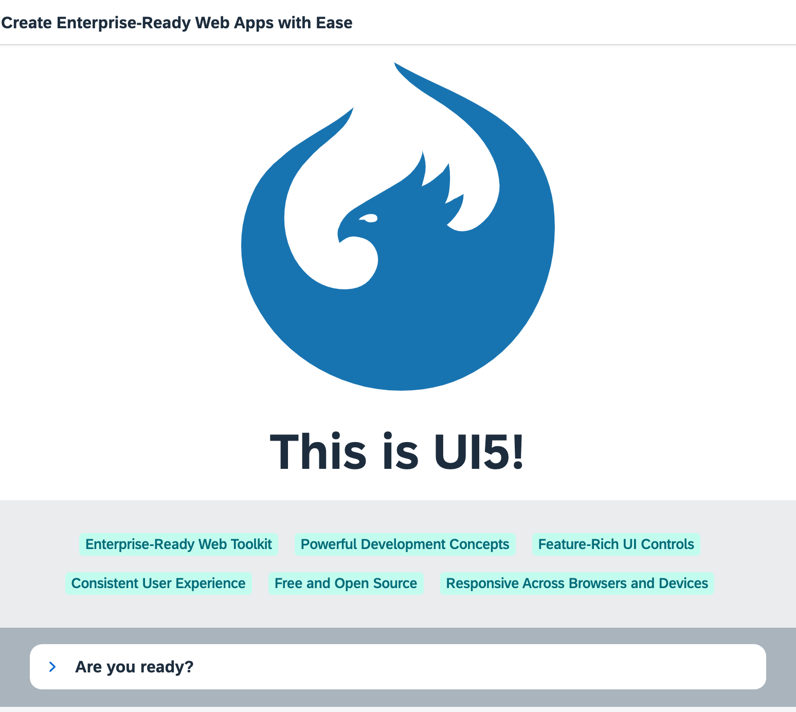 Preview of the OpenUI5 application that is going to be built in this tutorial. Contains a Hello World upper part with buttons and a text input. The lower part shows list of invoices with details, grouped by vendor names.