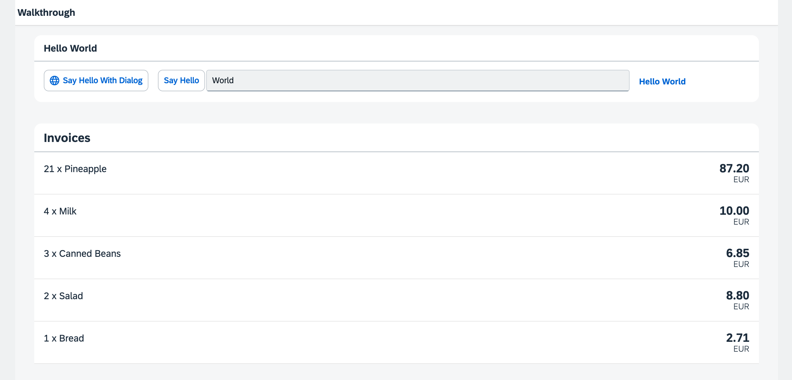 The list of invoices with prices and number units